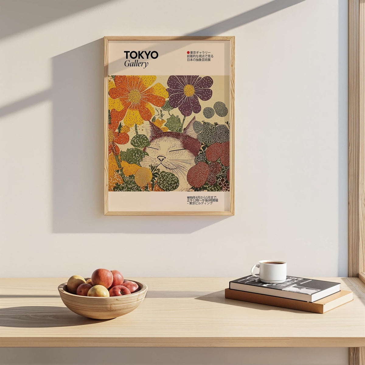 Japanese artwork print of a sleeping cat in bright flowers on a wall above a wooden shelf with a bowl of fruit
