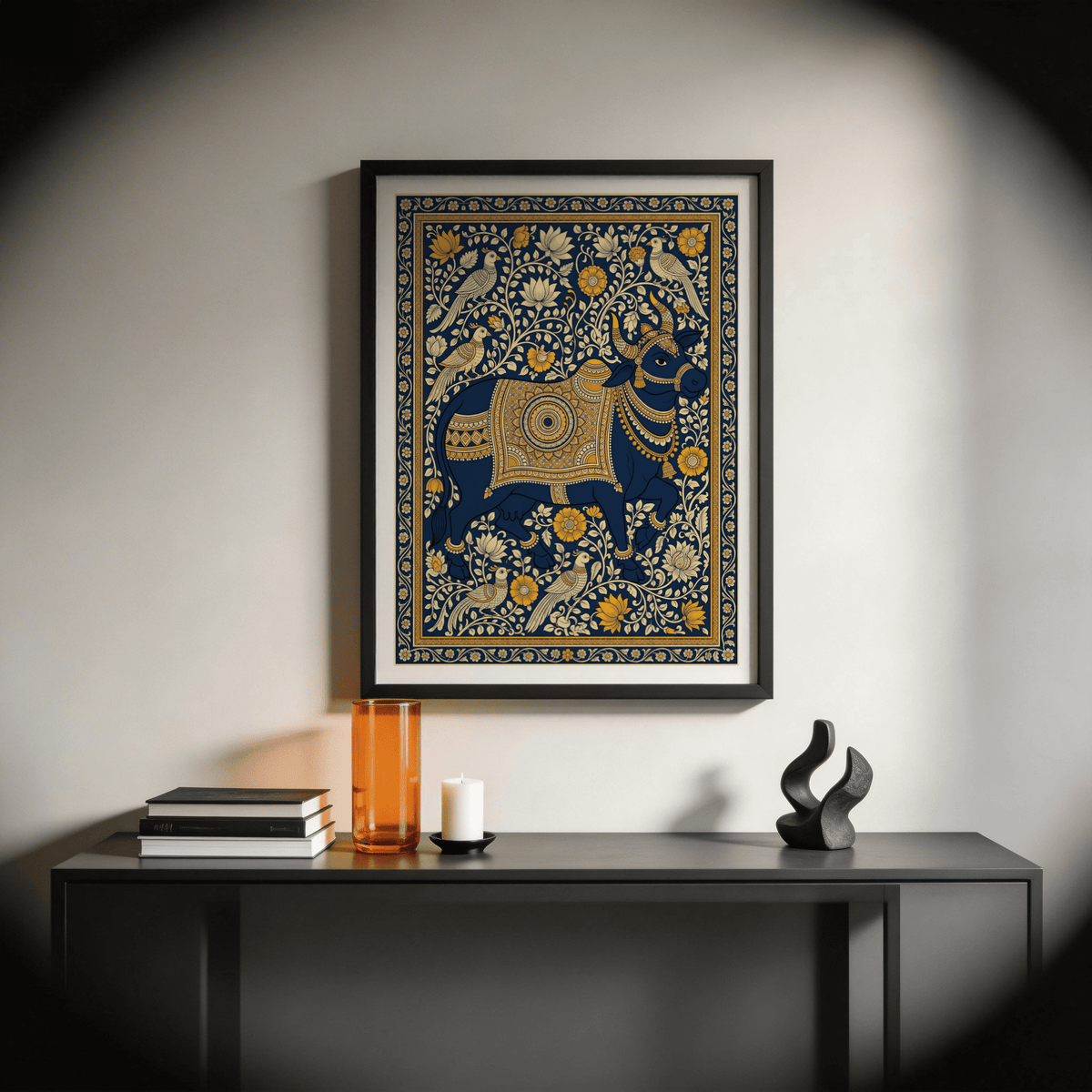 Indian art print of decorated blue cow in folk style in a room above a side table with books and candle