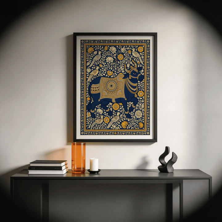Indian art print of decorated blue cow in folk style in a room above a side table with books and candle