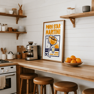 Passion Fruit Martini Print leaning on kitchen counter with coffee machine and fruit bowl nearby