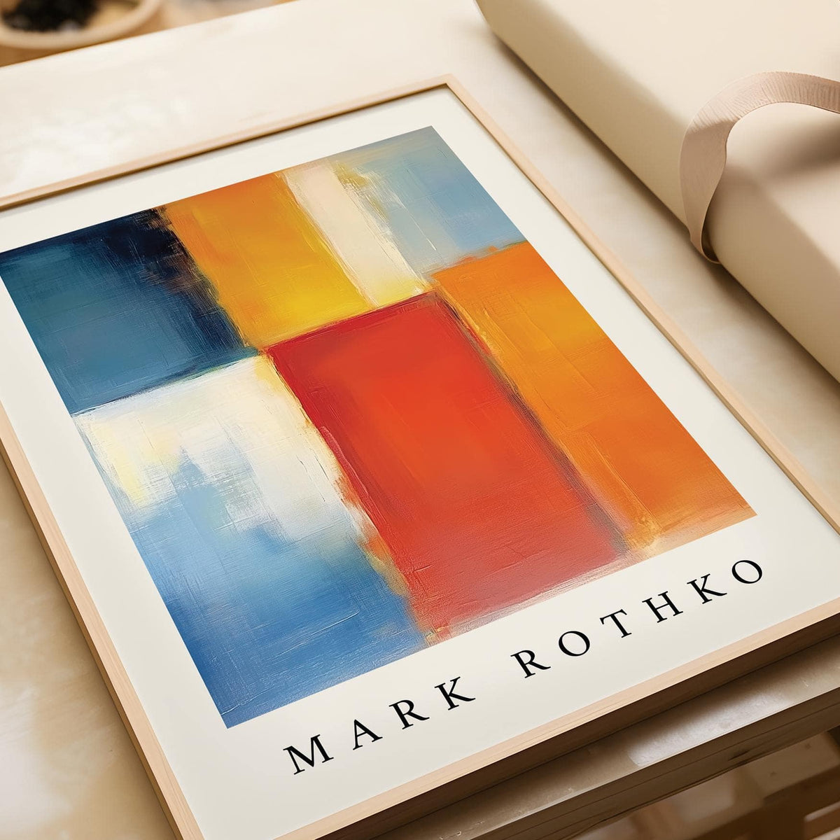 Framed Mark Rothko Orange Red and Yellow wall art close-up with orange blue and yellow blocks on a table