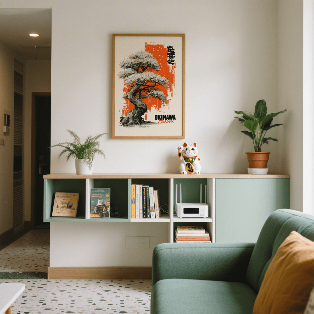 Cherry Blossom Tree Poster print on a wall in a living room with green sofa and plants