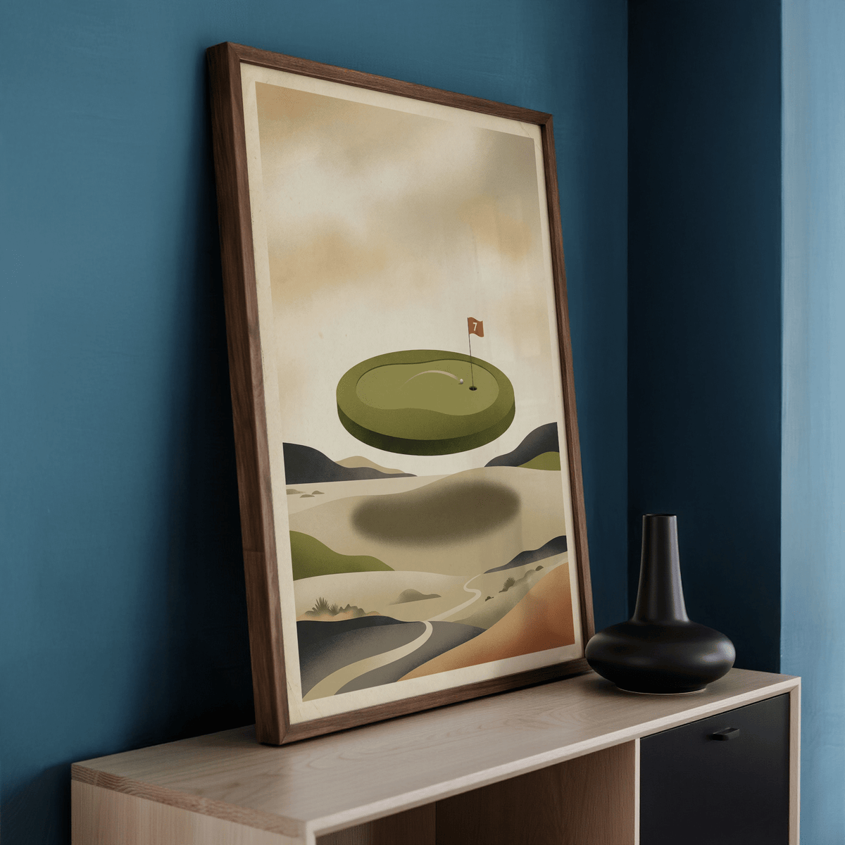 Framed print of Abstract Golf Wall Art showing a floating green with minimalist landscape next to a black vase