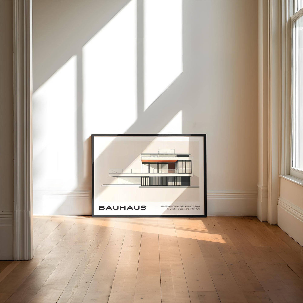 Framed Architecture Art Print of a modernist building in minimalist bauhaus style leaning on a wooden floor