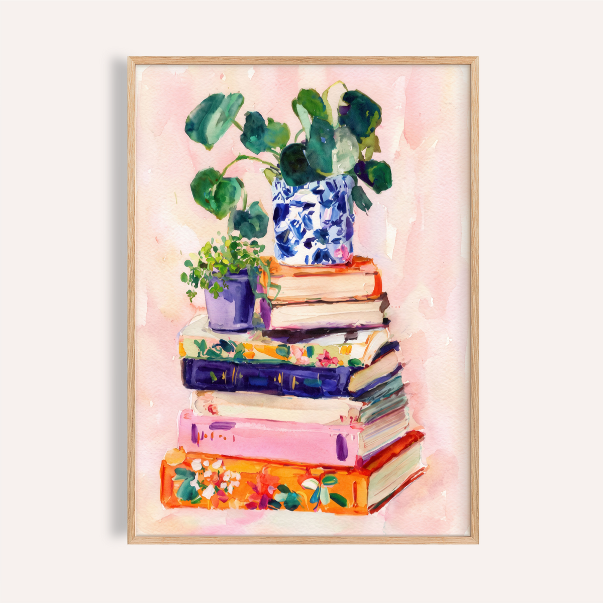 Books and plants art print of stacked books with green potted plants in colourful pots