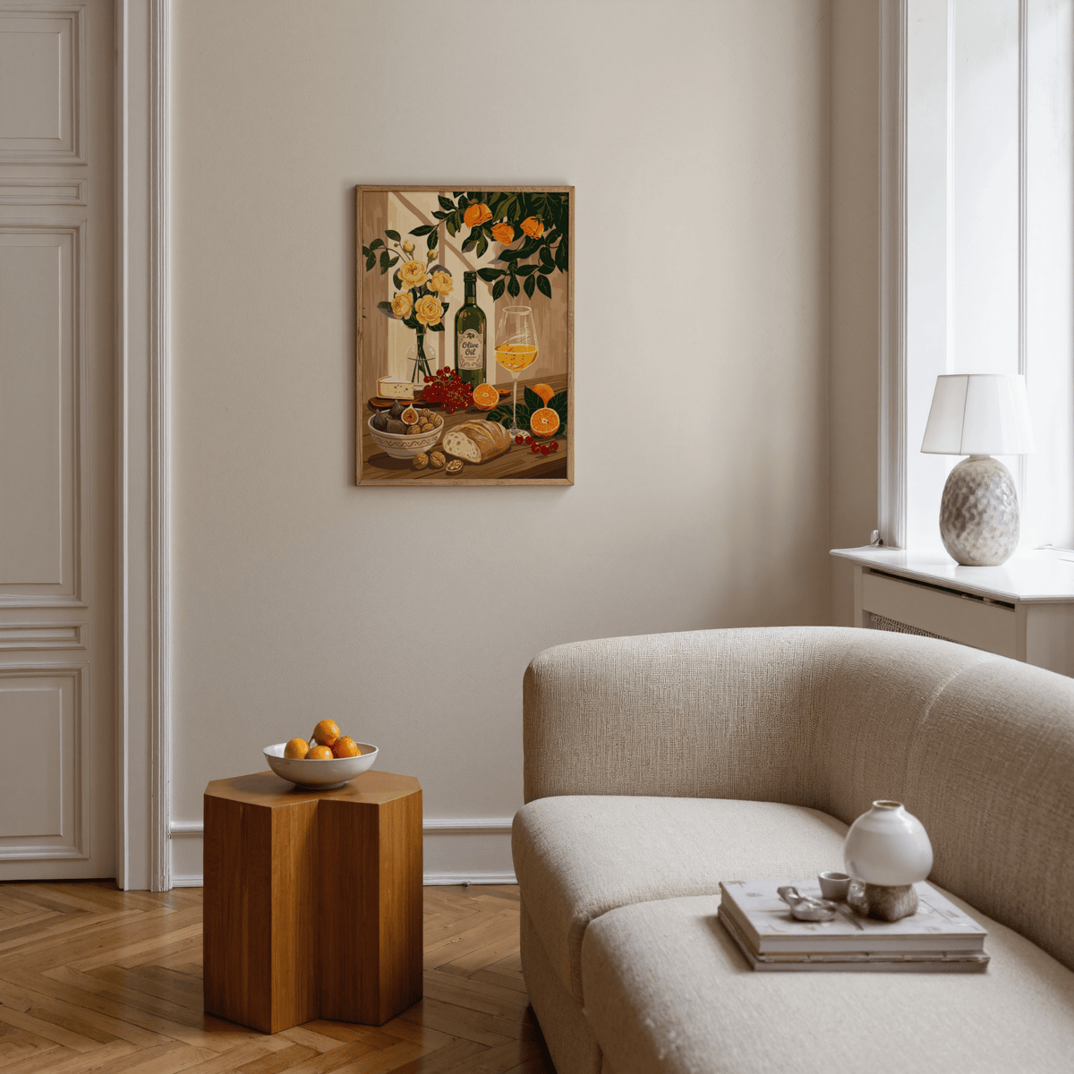 Still life kitchen art print on a wall with yellow flowers and food details in a living room
