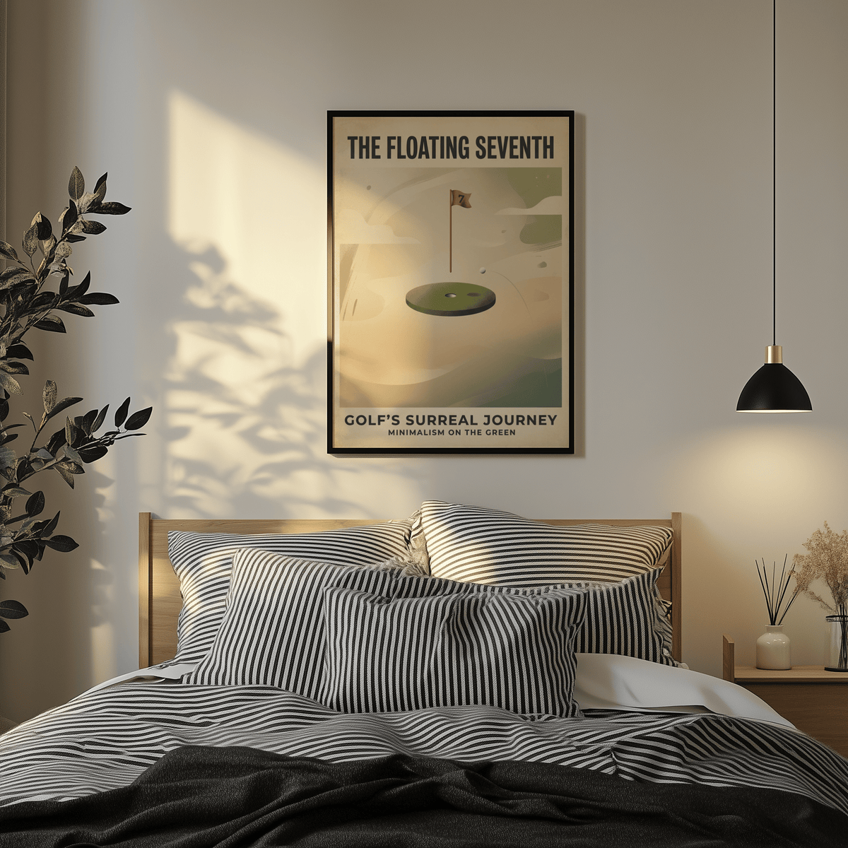 Print on a wall in a bedroom showing surreal golf art of a floating green with a red flag above a bed with striped bedding