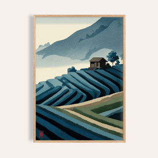 Framed print close-up of a mountain tea plantation in blue and green shades in a Japanese woodblock style