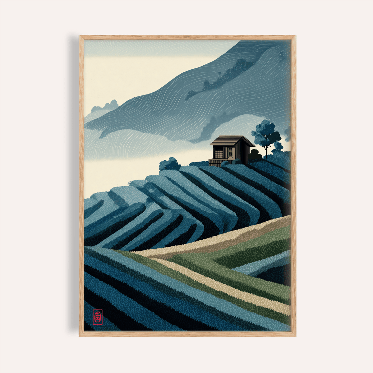 Framed print close-up of a mountain tea plantation in blue and green shades in a Japanese woodblock style