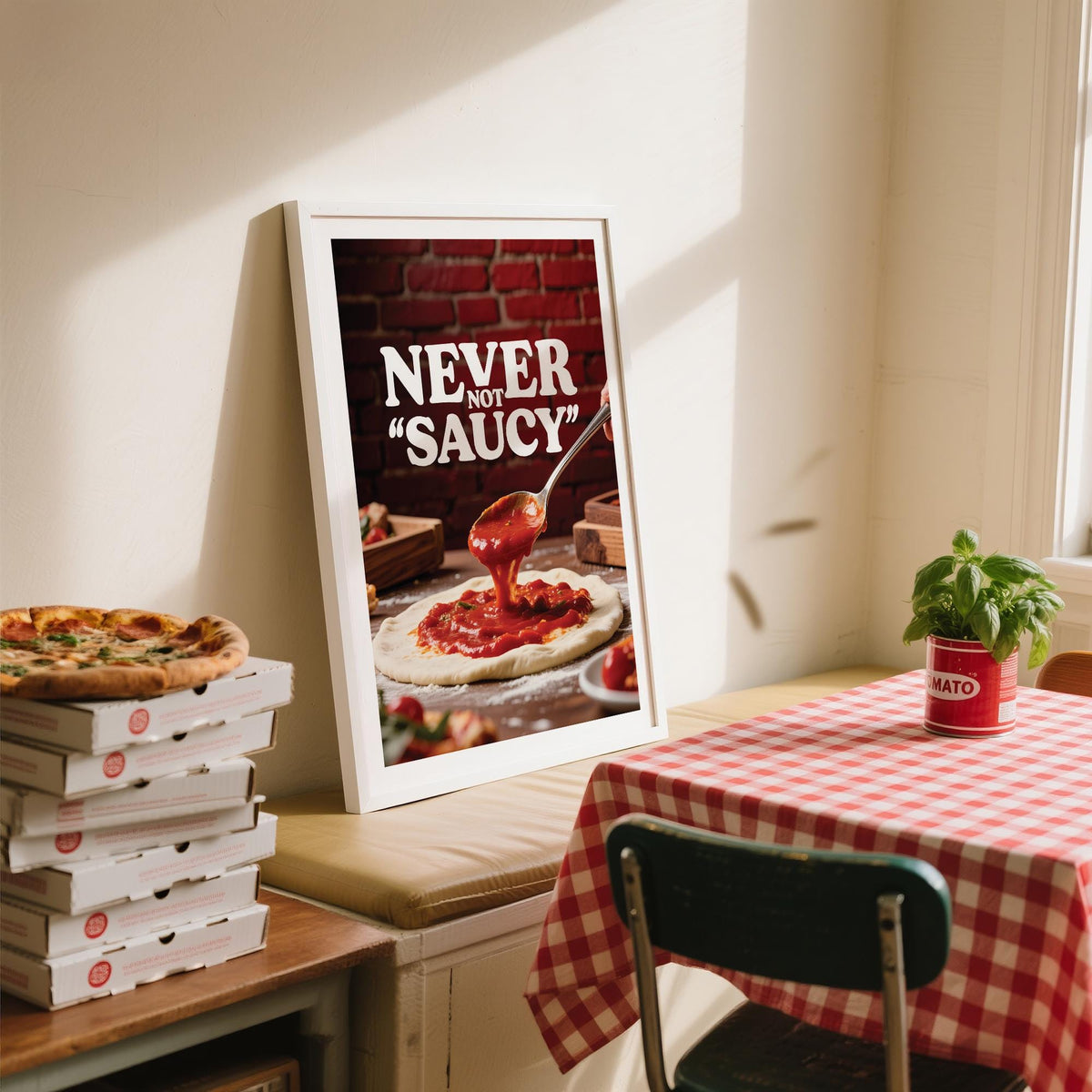 Print leaning on a shelf of pizza wall art showing sauce on dough with a pizza and basil plant nearby