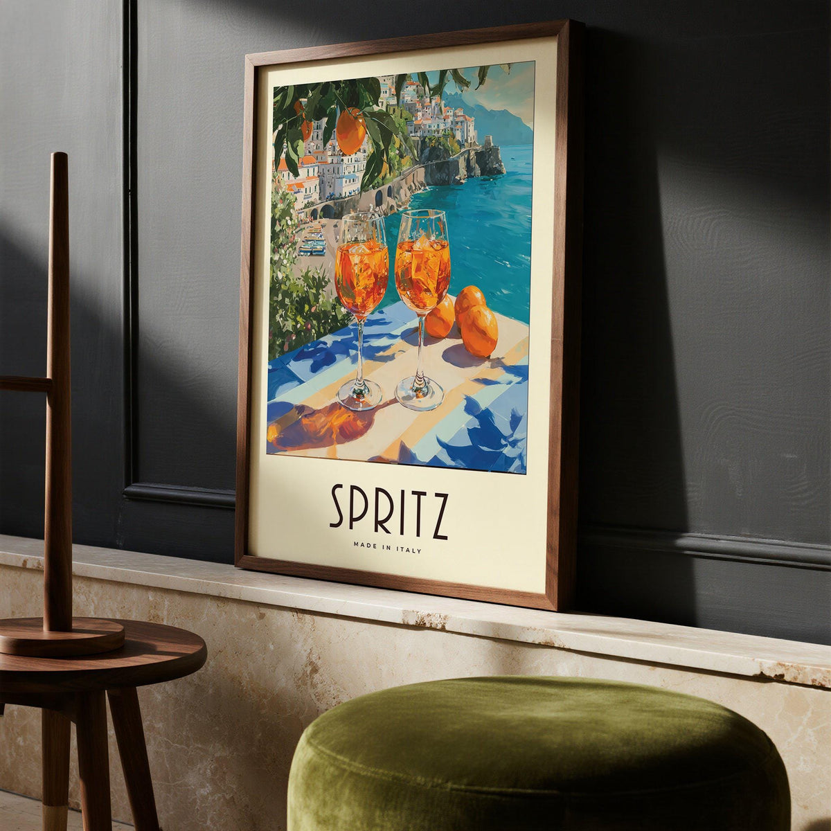 Cocktail Art Decor framed print of two orange spritz glasses and oranges leaning on a shelf