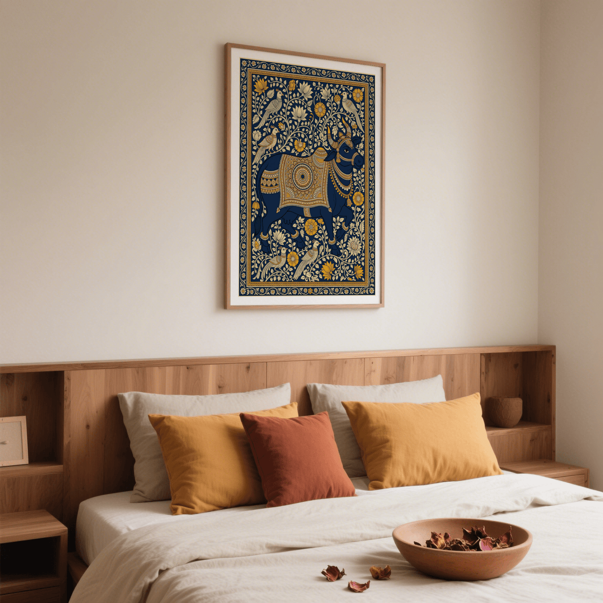 Indian Art Print of decorated blue cow with floral and bird motifs above a bed with cushions