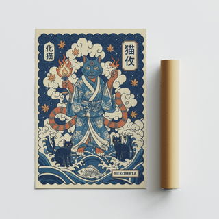 Nekomata art print with a three-eyed cat in traditional robe and two black cats beside a fish skeleton