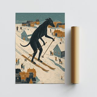 Skiing Dog Art Print flat on a surface with a brown packaging tube alongside