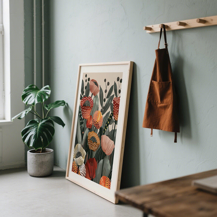 Poppy flower art print leaning on floor with a brown apron hanging on a wall