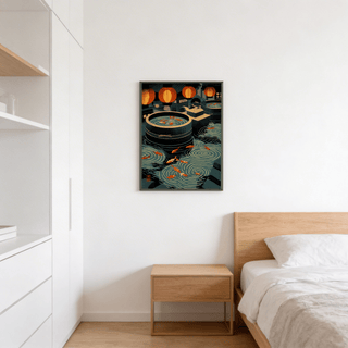 Japanese Koi Art Print on a bedroom wall above a wooden bedside table with white and orange fish in water
