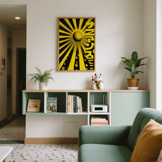 Geometric Sun Poster on a wall above a sideboard with plants and a lucky cat ornament in a living room