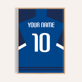 Framed custom football shirt poster in blue with dark sleeves and white stripe showing number 10 and Your Name text
