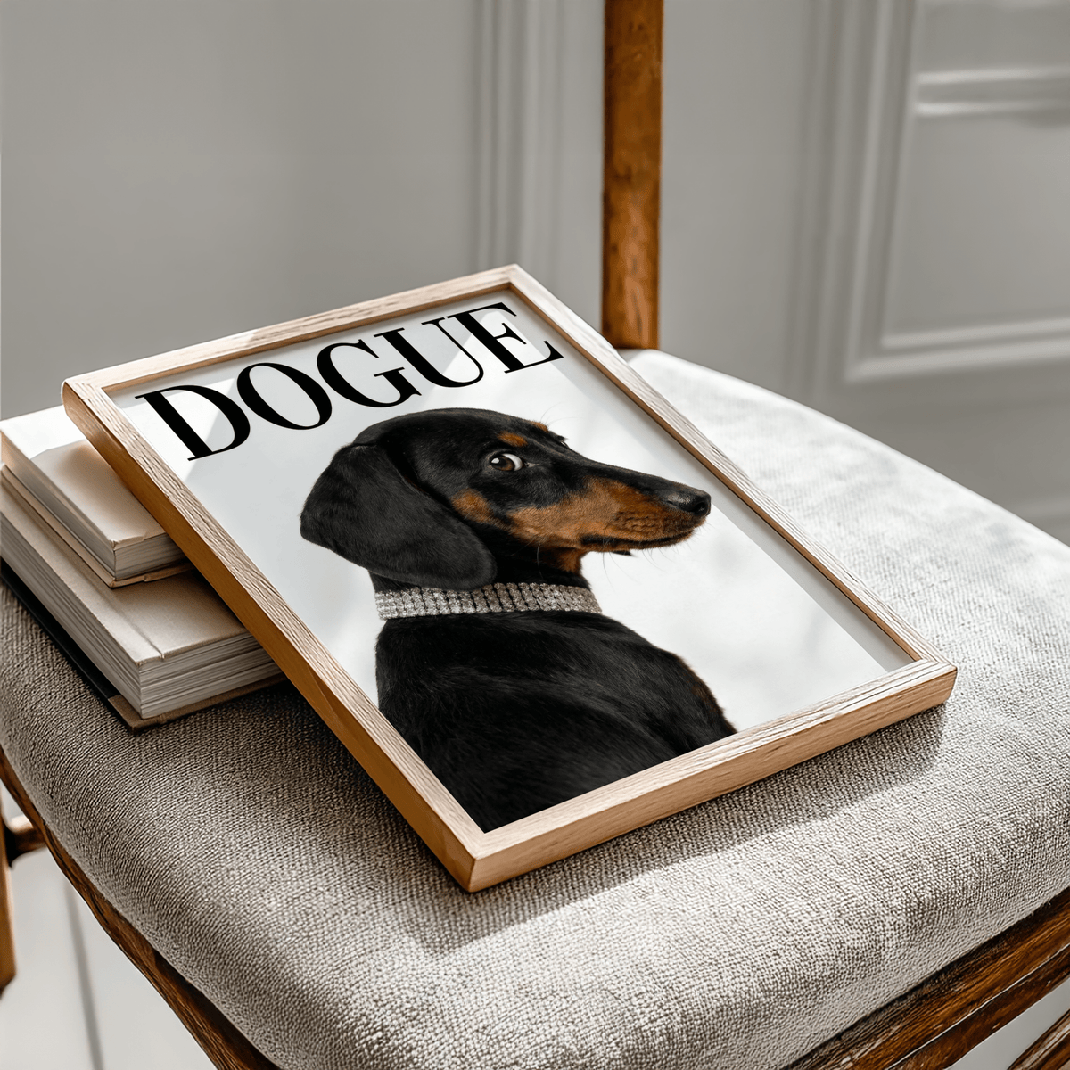 Framed Dachshund Art Print of a black and tan dachshund with a sparkly collar on a beige fabric chair