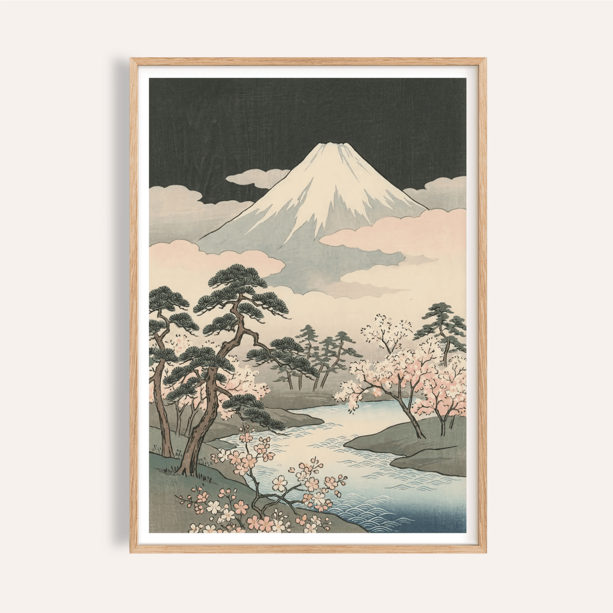 Framed print close-up of Japanese art mountains showing Mount Fuji with pink sakura trees and a blue river