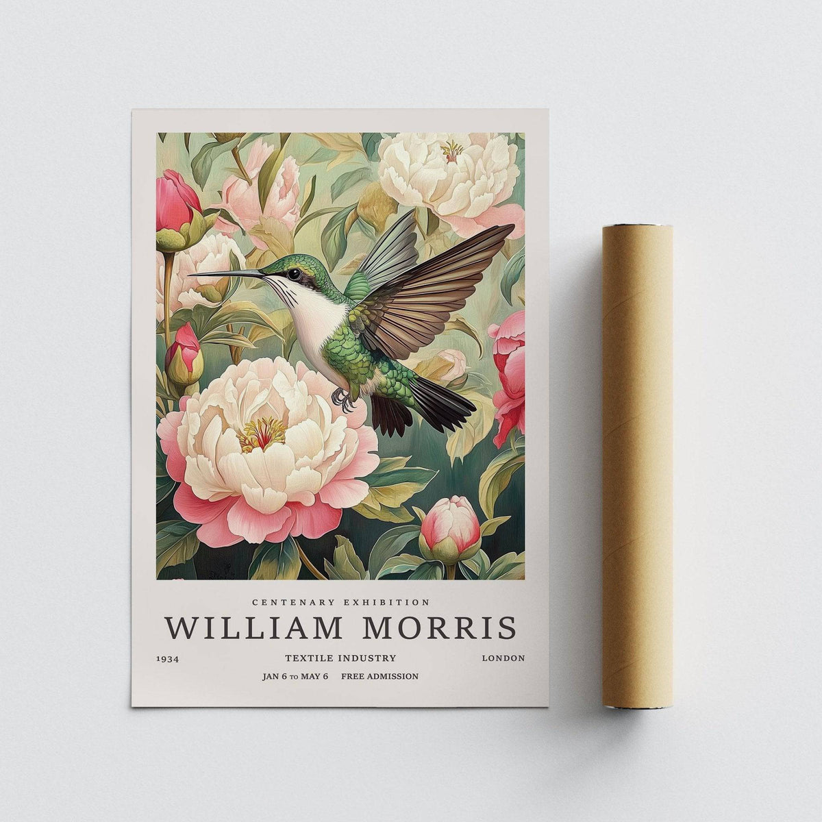 Hummingbird Prints rolled print with packaging tube alongside botanical illustration in green pink cream shades