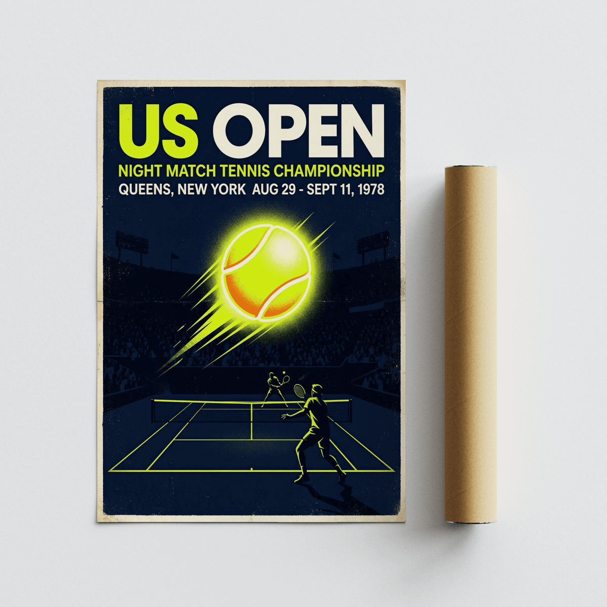 New York Tennis Championship Poster with tennis court and ball in neon yellow next to a packaging tube