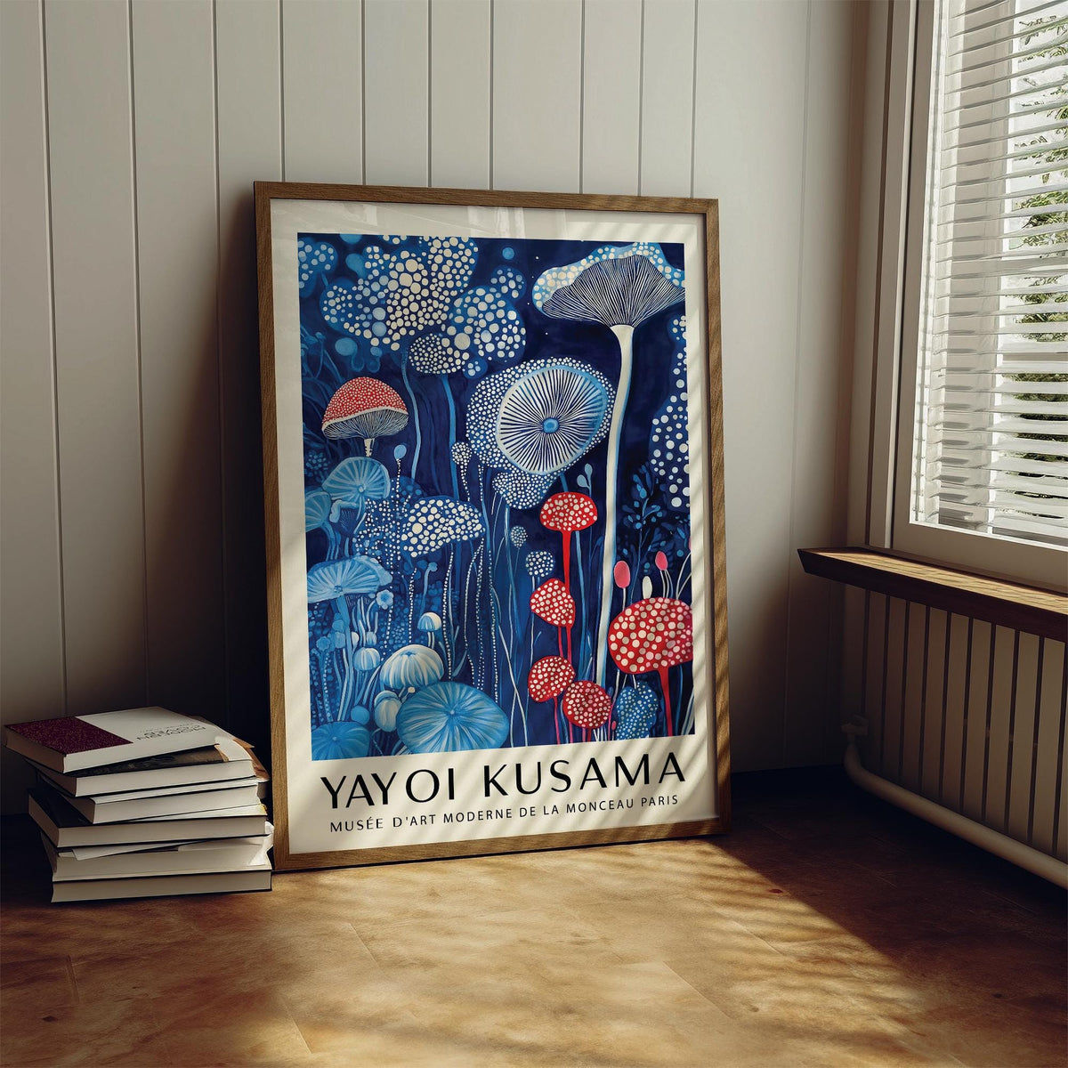 Mushroom print leaning on a wooden floor with sunlight and a stack of books nearby