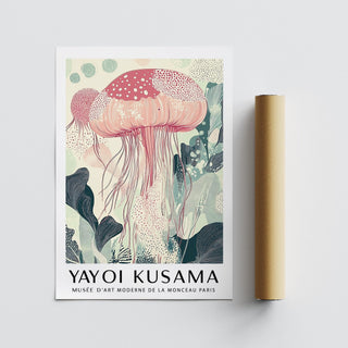Pastel jelly sea animal wall art print beside a packaging tube on a grey surface