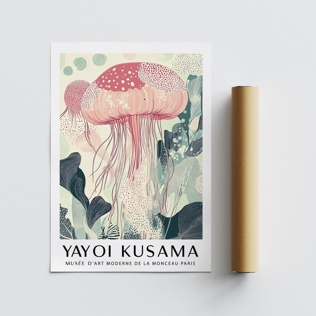 Pastel jelly sea animal wall art print beside a packaging tube on a grey surface