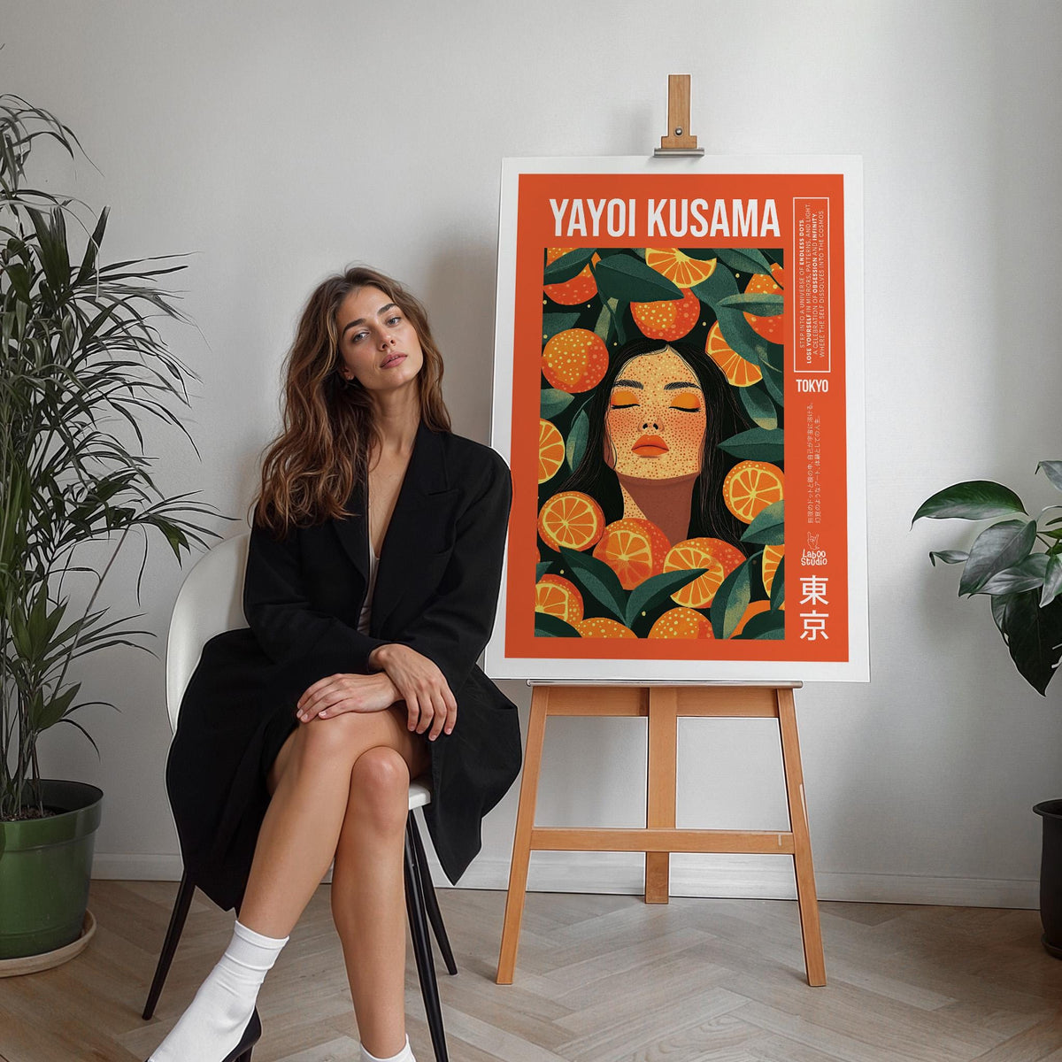 Cool wall art print of a woman with orange slices on an easel with a woman sitting nearby