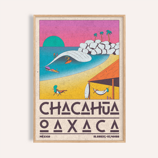 Mexican Beach Poster with retro style surfing scene and pink sky in a wooden frame