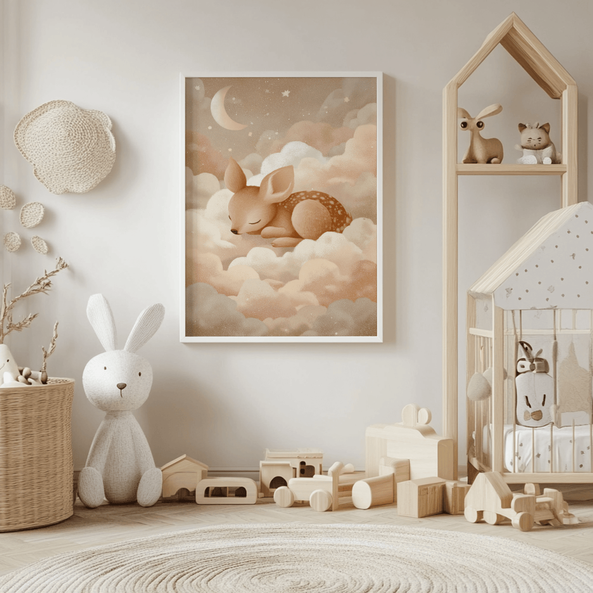 Sleeping Deer wall art of a sleeping fawn in beige and cream hanging in a nursery with toys