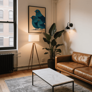 Blue Bird Art Print hanging above a lit tripod lamp in a lounge with a brown leather sofa