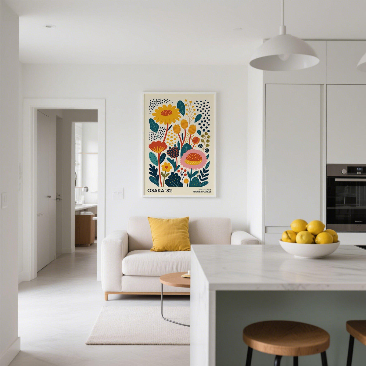 Spring print minimalist illustration of colourful flowers above beige sofa in living room