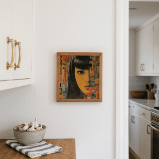 Japanese Pop Art print of an anime style woman face in orange and black in a kitchen above a bowl of garlic