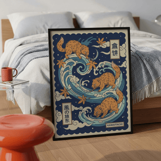 Kamaitachi art framed print with blue and orange tones leaning against a bed with white pillows
