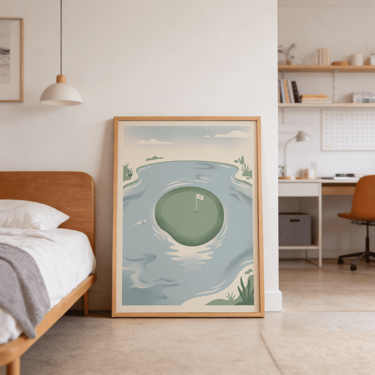 18th Hole wall art leaning against a wall next to a bed with neutral colours in a bedroom