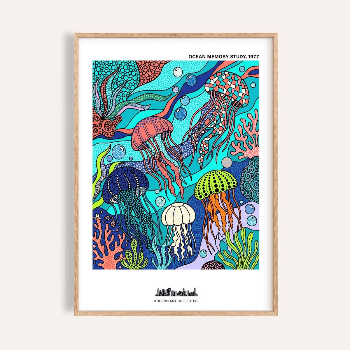 Framed Jellyfish Ocean Art Print of colourful jellyfish and coral in blue and orange tones