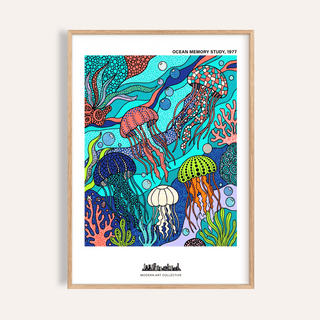 Framed Jellyfish Ocean Art Print of colourful jellyfish and coral in blue and orange tones