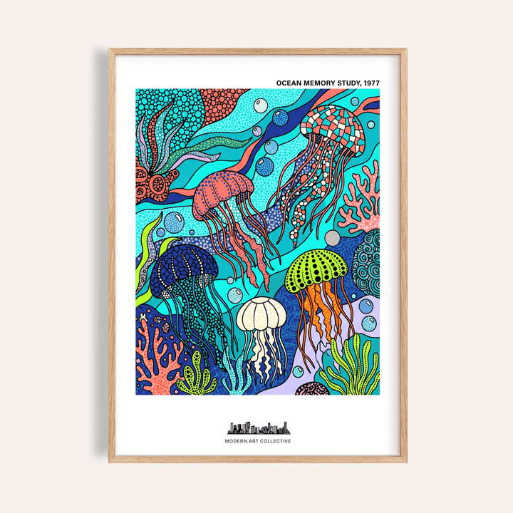 Framed Jellyfish Ocean Art Print of colourful jellyfish and coral in blue and orange tones