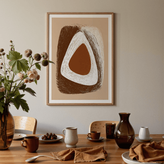 Organic Minimalist wall art in earth tones above a dining table with brown crockery and a vase