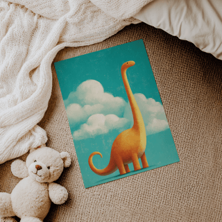 Nursery room poster of a smiling orange brontosaurus lying on a carpet near a teddy bear and blanket