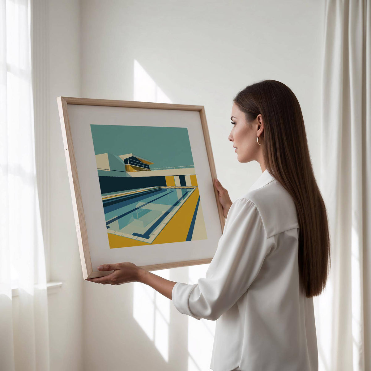 Framed Minimalistic Art of a swimming pool with blue and yellow tones held by a woman