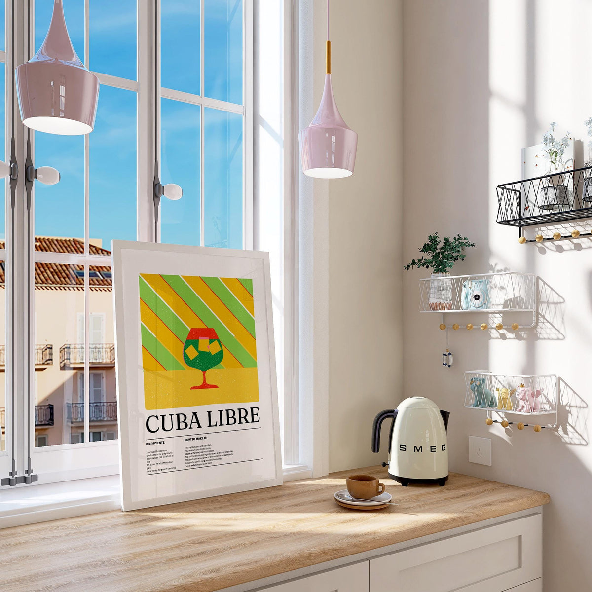 Large colorful wall art leaning on a kitchen windowsill with bright stripes and a cocktail glass
