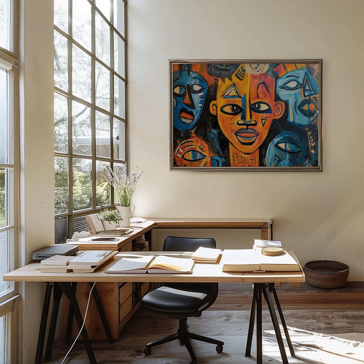 Abstract African wall art depicting tribal faces in blue orange and black above a study desk