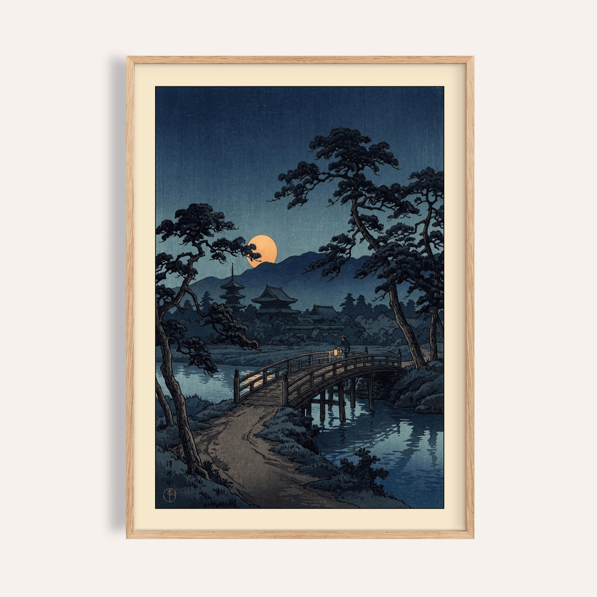 Framed Moonlit Bridge Art Print showing a Japanese woodblock style moonlit bridge with pine trees