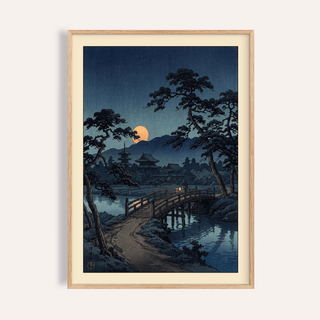 Framed Moonlit Bridge Art Print showing a Japanese woodblock style moonlit bridge with pine trees