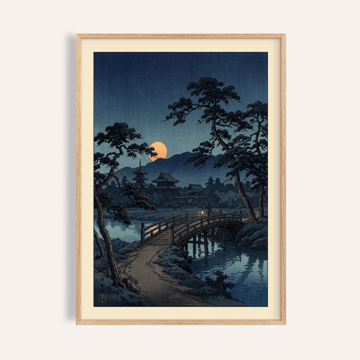 Framed Moonlit Bridge Art Print showing a Japanese woodblock style moonlit bridge with pine trees