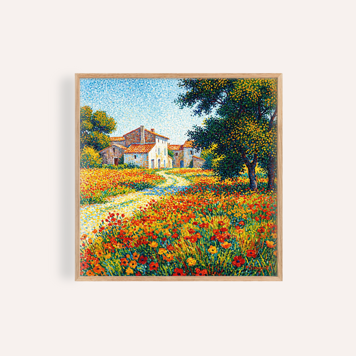 Framed Flower Field Art Print showing poppy flower field with houses and trees in illustration style