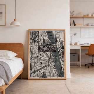 Print leaning on floor of Chicago street art map illustration with grey and muted tones in a bedroom